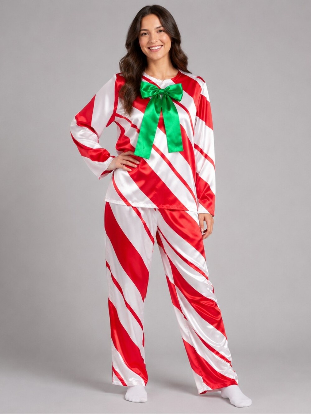 EraSpooky Adult Candy Cane Costume M Red White Christmas Unisex Green Bow